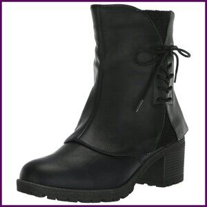Water-Resistant Mid-Calf Boots with Block Heel, Side Zip, Lace-Up Detail